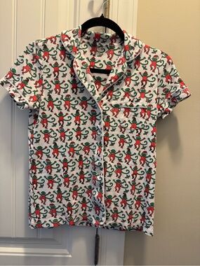 Roller Rabbit White Short-Sleeve pajama top Shirt with Red & Green monkey Print